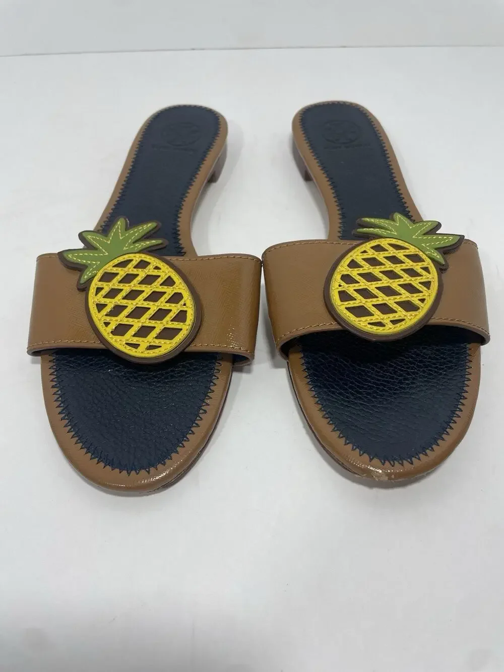 Tory Burch Brown Leather Pineapple Slide Sandals Size 8.5 Tropical Resort Luxury